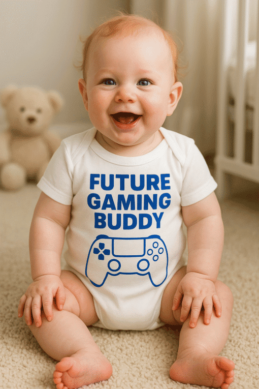 Cute baby in gaming-themed T-shirt, perfect for kids who love video games and gaming culture.