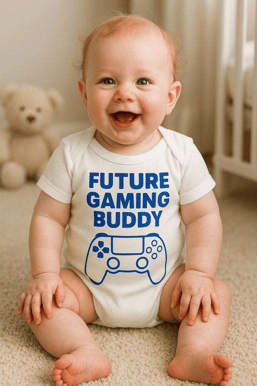 Cute baby in gaming-themed T-shirt, perfect for kids who love video games and gaming culture.