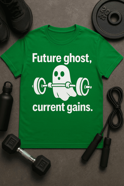 Ghost lifting weights funny t-shirt, fitness humor, gym motivation, workout shirt, funny gym T-shirt, fitness apparel.