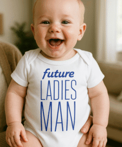 Cute baby in a white onesie with "future LADIES MAN" print, adorable and funny baby fashion.
