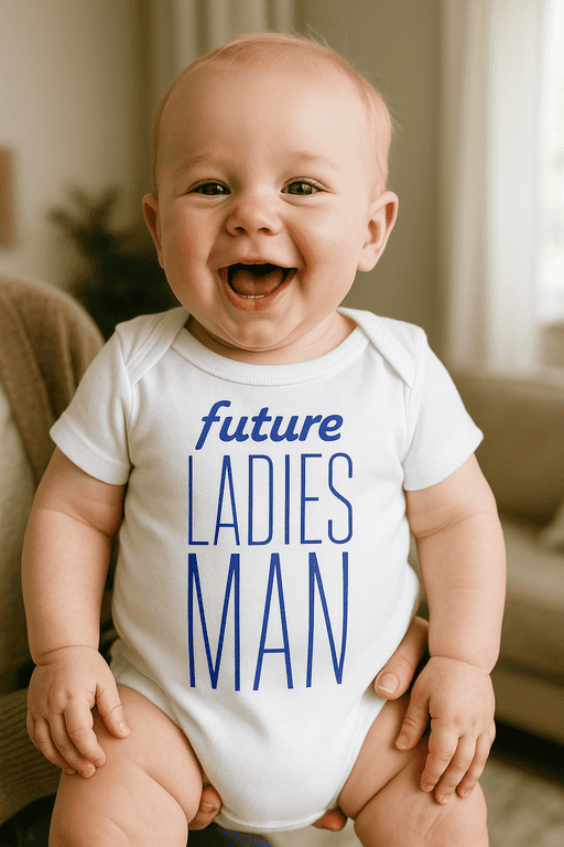 Cute baby in a white onesie with "future LADIES MAN" print, adorable and funny baby fashion.