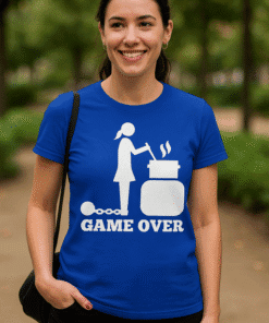 T-shirt with humorous cooking meme, "Game Over" graphic for women, casual apparel, fun foodie design.