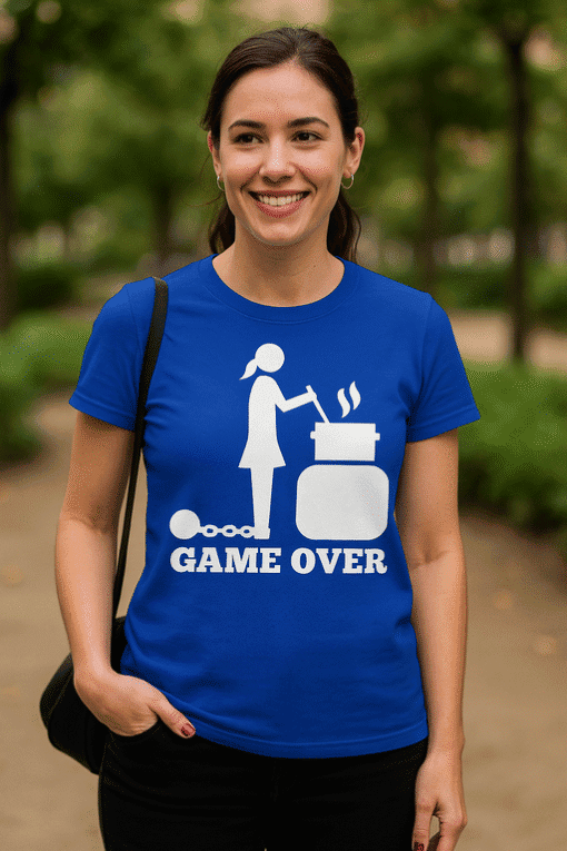 T-shirt with humorous cooking meme, "Game Over" graphic for women, casual apparel, fun foodie design.