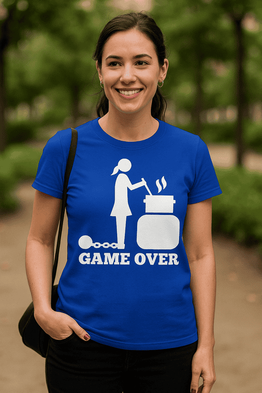 T-shirt with humorous cooking meme, "Game Over" graphic for women, casual apparel, fun foodie design.