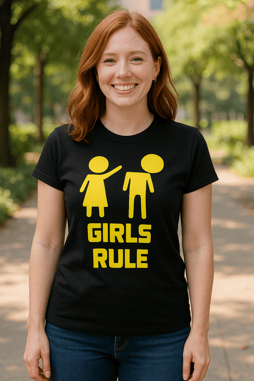1. Girls rule T-shirt with gender symbols and bold yellow text.