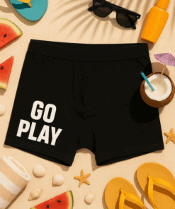 Watermelon slice, sunglasses, and beach accessories surrounding black boxer shorts with "GO PLAY" text. Perfect summer casual wear.