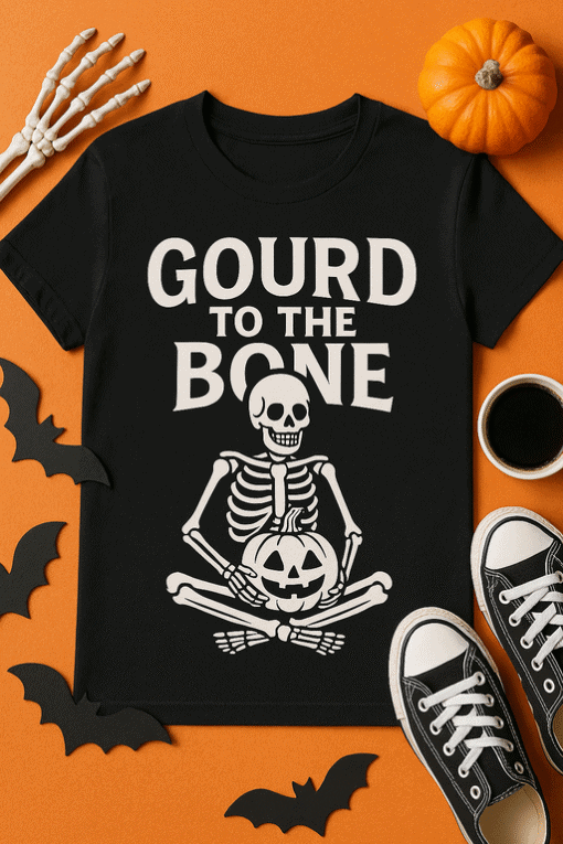 1. Skeleton Halloween t-shirt with "Gourd to the Bone" phrase for spooky season.
