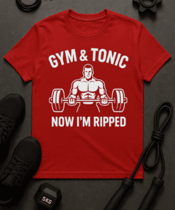1. Red gym T-shirt with muscular man and humorous fitness quote.