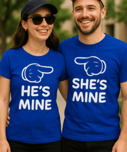 Happy couple wearing matching couple shirts "He's Mine" and "She's Mine" for couples' fashion.