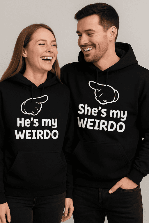 Fun couple matching hoodies with humorous "He's my WEIRDO" and "She's my WEIRDO" designs. Perfect for couples who love quirky fashion.