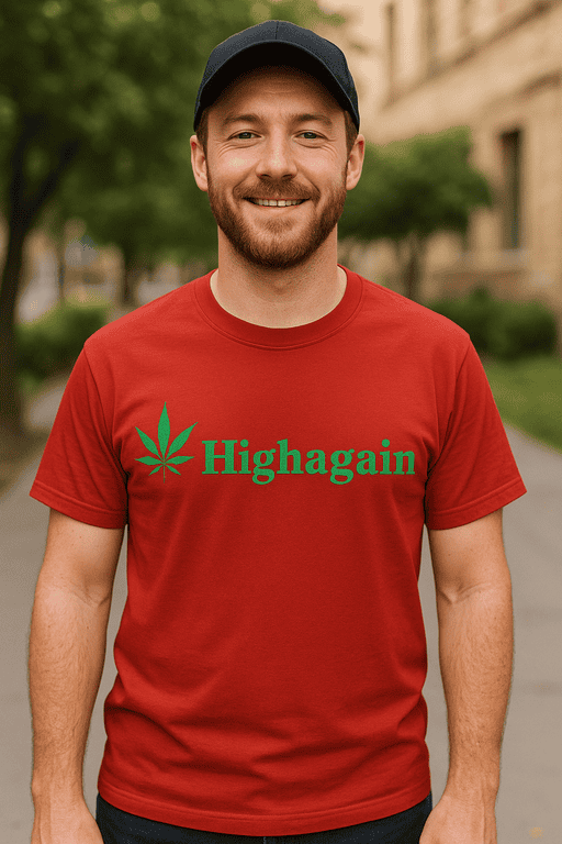 High Again marijuana leaf funny t-shirt for cannabis lovers, stoner humor shirt design, perfect for casual wear.