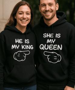 Fun couple matching hoodies with "He is my king" and "She is my queen" message for couples, birthdays, or anniversaries.