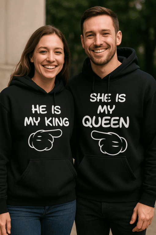 Fun couple matching hoodies with "He is my king" and "She is my queen" message for couples, birthdays, or anniversaries.