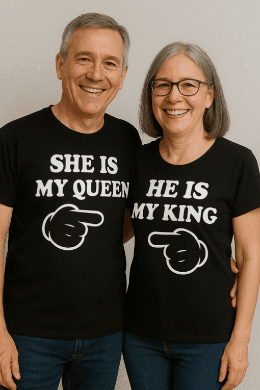 1. Couple wearing matching "She is my queen" and "He is my king" t-shirts, celebrating love and partnerships.