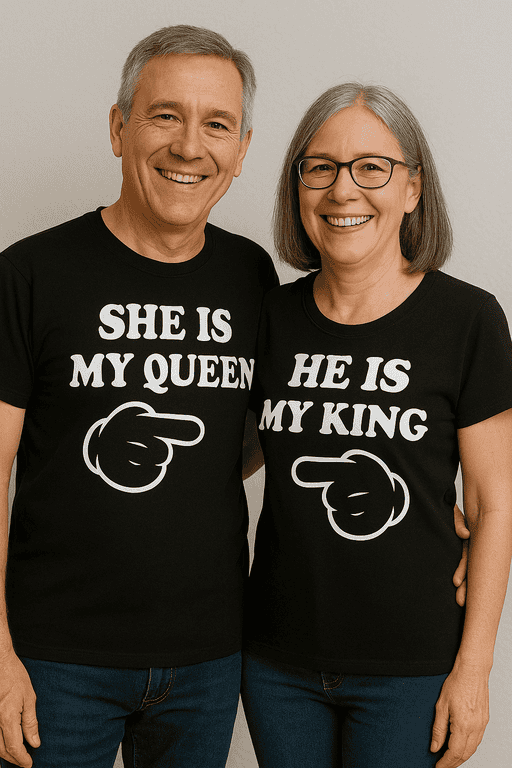 1. Couple wearing matching "She is my queen" and "He is my king" t-shirts, celebrating love and partnerships.