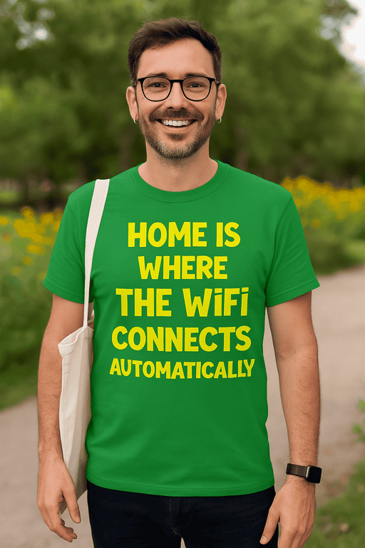 WiFi humor T-shirt, home connectivity joke, geek funny t-shirt, casual tech quote apparel, unisex novelty shirt.