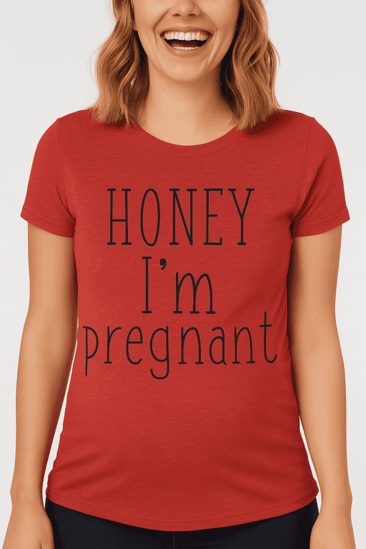 Pregnant woman wearing humorous "Honey I'm pregnant" T-shirt, perfect for maternity and pregnancy announcement.