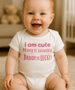 Smiling baby in cute printed onesie, baby clothing, adorable infant outfit, toddler casual wear, baby fashion, T-shirtplease.com.