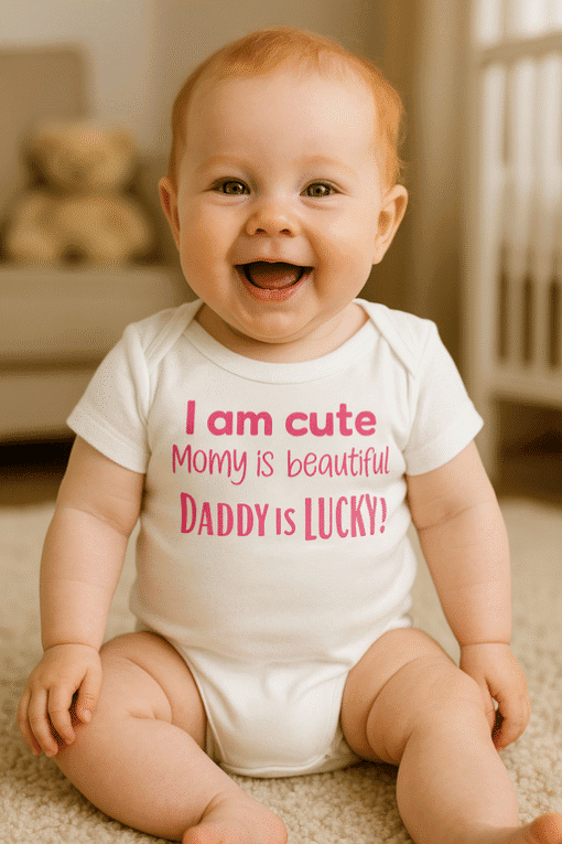 Smiling baby in cute printed onesie, baby clothing, adorable infant outfit, toddler casual wear, baby fashion, T-shirtplease.com.