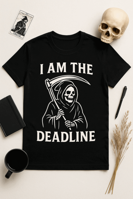 Deadline skeleton grim reaper t-shirt, spooky Halloween humor fashion, gothic graphic tee, novelty dark humor shirt.