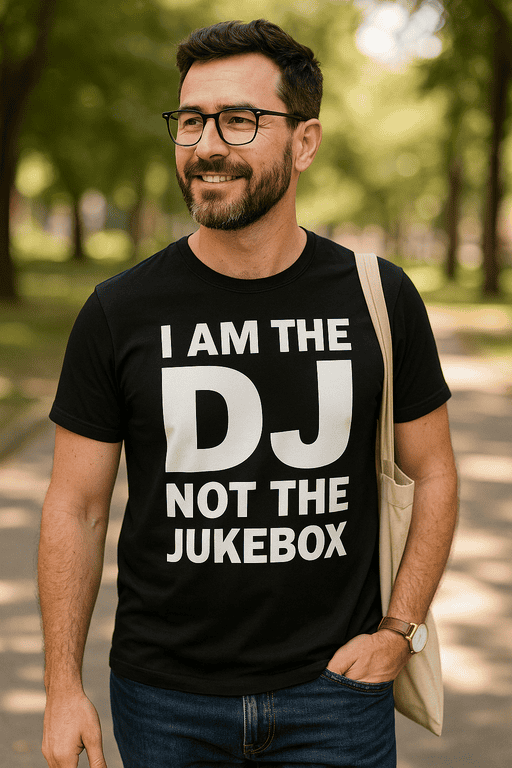 DJ quote T-shirt, humorous DJ apparel, DJ not Jukebox tee, music lover gift, fun casual t-shirt for men.
