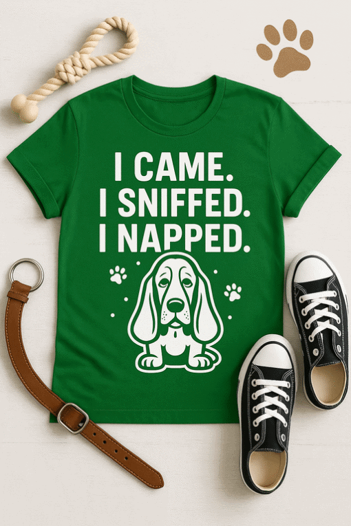 Dog-themed funny T-shirt, pet lover gift, casual cute shirt for dog sniffing and napping.