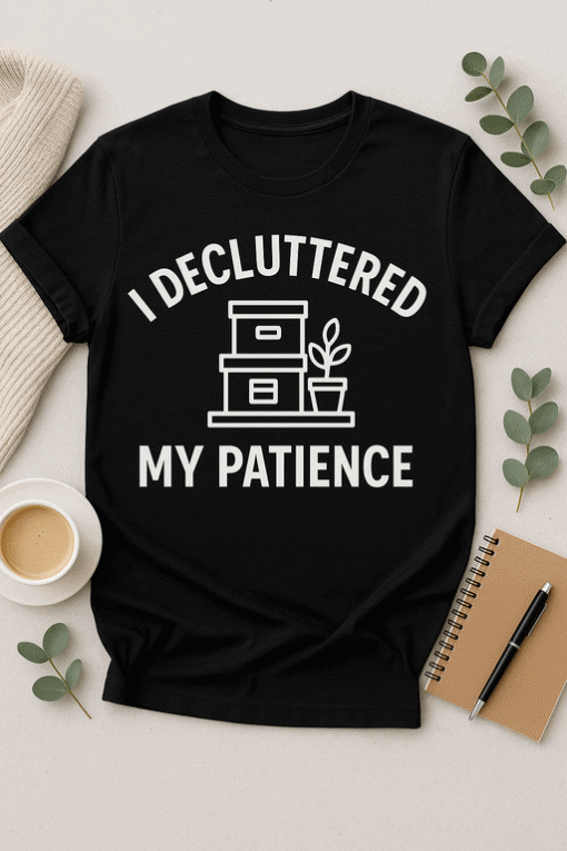 Decluttered patience humor T-shirt, minimalist desk accessories, and motivational quote. Perfect for office or home workspace.