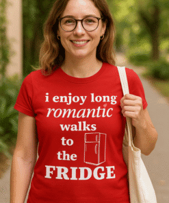 Enjoy long romantic walks to the fridge funny T-shirt | Cute humorous kitchen humor tee for women.