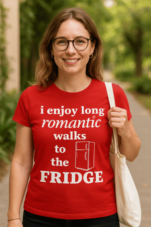 Enjoy long romantic walks to the fridge funny T-shirt | Cute humorous kitchen humor tee for women.