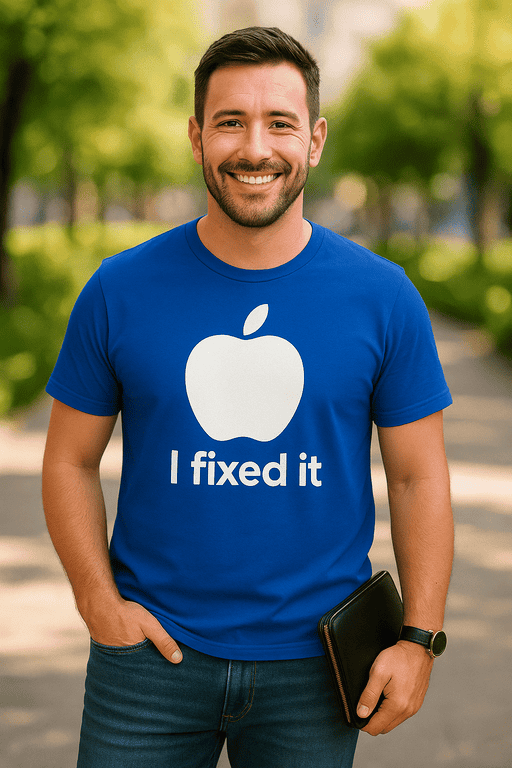 Apple logo t-shirt with "I fixed it" slogan, casual men's style, promotional apparel for tech repair.