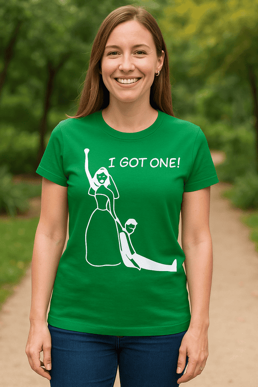 1. Women’s green T-shirt with 'I GOT ONE!' slogan and playful graphic design.