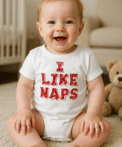 1. Baby smiling in "I Like Naps" funny baby onesie with teddy bear in background.