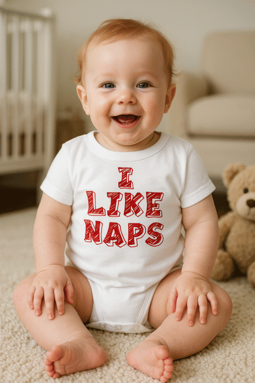 1. Baby smiling in "I Like Naps" funny baby onesie with teddy bear in background.