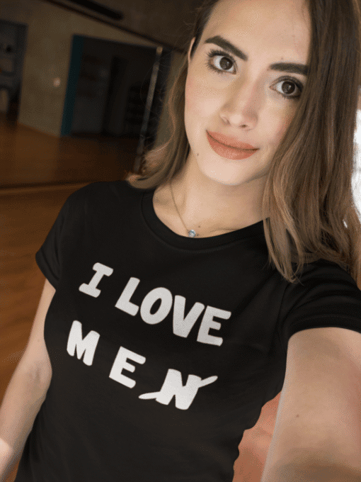 I LOVE MEN t-shirt with bold white text, perfect for casual wear and expressing love for men.