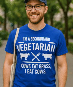 Vegetarian humor t-shirt with cow graphics, fun casual gift for animal lovers.