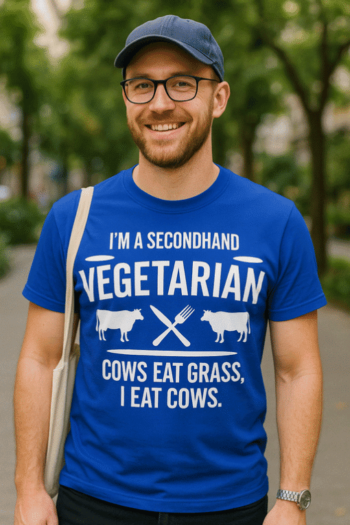 Vegetarian humor t-shirt with cow graphics, fun casual gift for animal lovers.