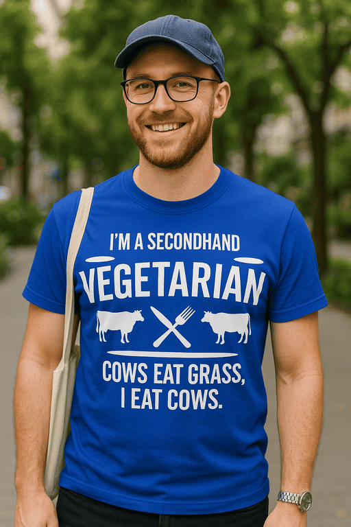 Vegetarian humor t-shirt with cow graphics, fun casual gift for animal lovers.