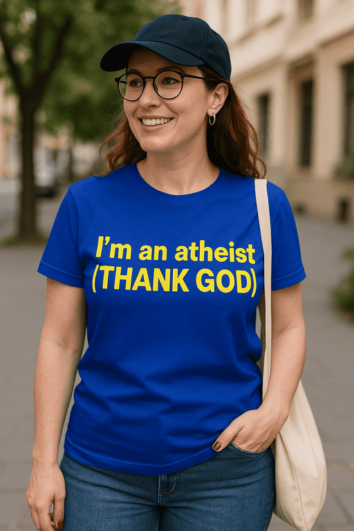 I'm an atheist thank god T-shirt, humor atheist quote, casual streetwear, or atheist humor t-shirt, blue cotton tee for everyday wear.
