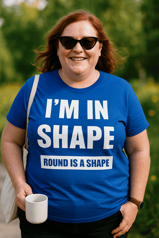 1. Woman in blue humor T-shirt with round shape quote, casual outdoor wear, funny graphic tee.