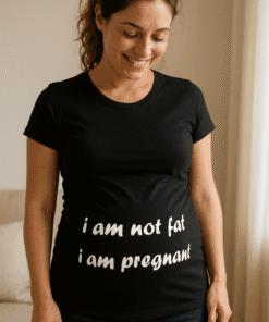 Cute pregnant woman wearing a black T-shirt with humorous maternity quote, standing at home.