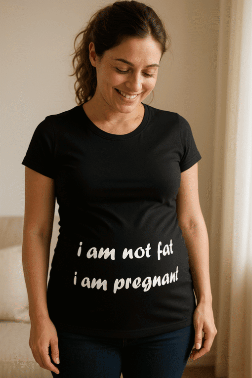 Cute pregnant woman wearing a black T-shirt with humorous maternity quote, standing at home.