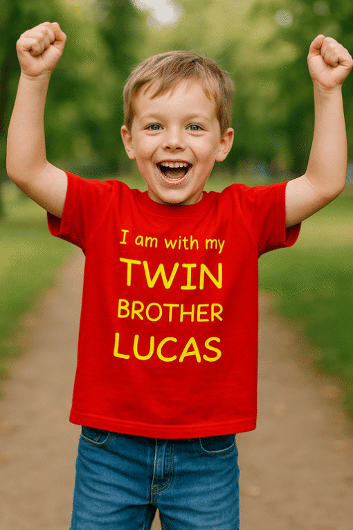 Happy boy wearing custom twin brother lucas t-shirt, outdoor park celebration, family matching shirt, boy's twin birthday shirt, kids custom tee.