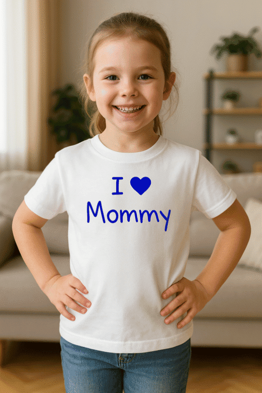Cute girl wearing "I ♥ Mommy" T-shirt, perfect for mother-child matching outfits.