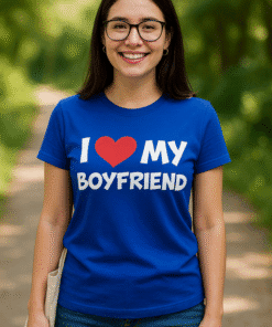 1. Woman wearing blue "I ❤️ MY BOYFRIEND" t-shirt outdoors.