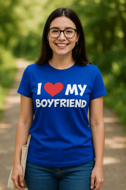 1. Woman wearing blue "I ❤️ MY BOYFRIEND" t-shirt outdoors.
