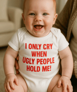 Happy baby in funny "I only cry when ugly people hold me" printed T-shirt, adorable baby humor, cute baby clothes, novelty baby T-shirts, baby gift idea.