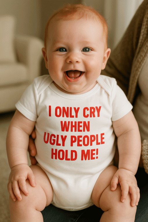 Happy baby in funny "I only cry when ugly people hold me" printed T-shirt, adorable baby humor, cute baby clothes, novelty baby T-shirts, baby gift idea.