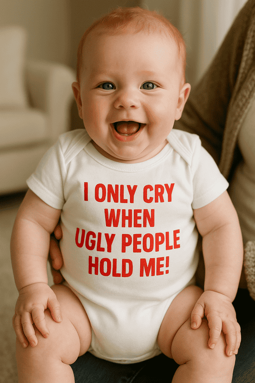 Happy baby in funny "I only cry when ugly people hold me" printed T-shirt, adorable baby humor, cute baby clothes, novelty baby T-shirts, baby gift idea.