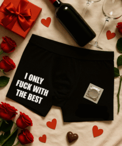 Witty men's underwear with bold text, perfect for humorous gifts or loungewear.