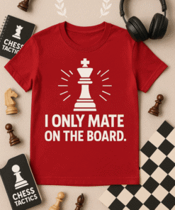 1. Chess-themed T-shirt with "I Only Mate on the Board" slogan, perfect for chess lovers.